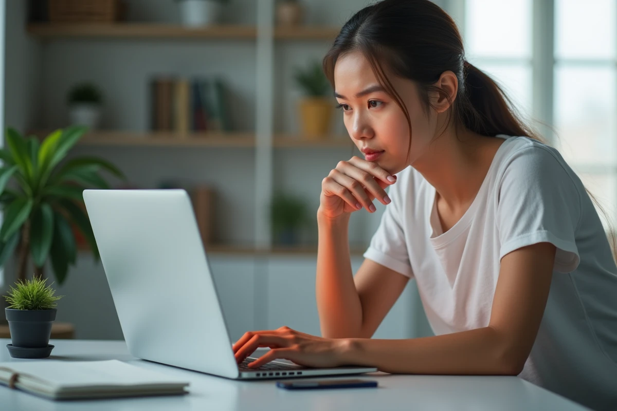 Jeune femme concentrée devant un message d'erreur Valorant sur son ordinateur portable à son bureau