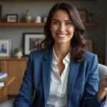 Femme française en costume bleu dans un bureau à domicile