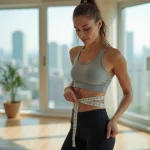 Femme sportive mesurant son tour de taille sur un tapis de yoga dans un appartement moderne, illustrant la recherche d'un IMC idéal et d'une silhouette équilibrée
