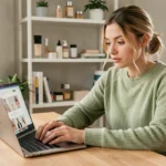 Jeune femme naviguant sur un site de beauté depuis son bureau à domicile avec un ordinateur portable