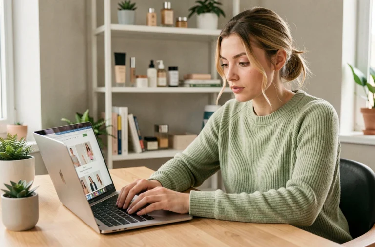 Jeune femme naviguant sur un site de beauté depuis son bureau à domicile avec un ordinateur portable