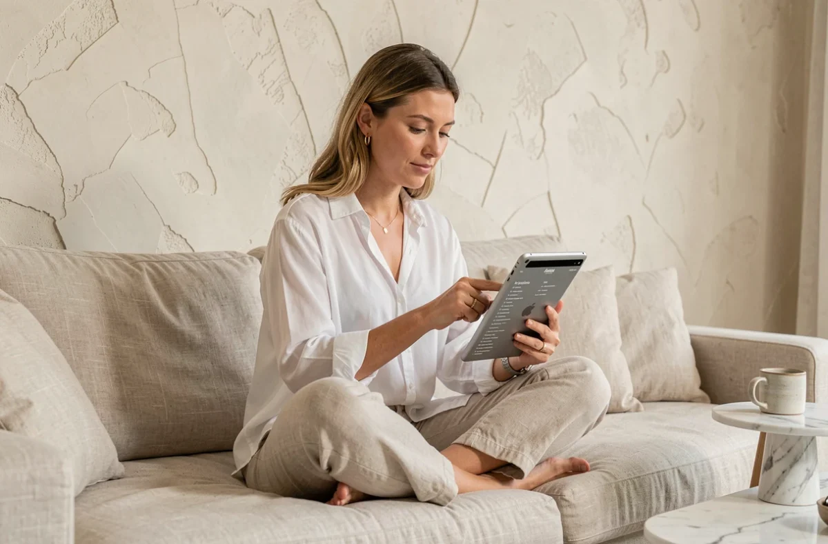 Femme parcourant le plan d'un site beauté sur une tablette depuis son canapé confortable