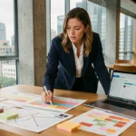 Professionnelle en blazer marine analysant un calendrier de planification média sur un bureau moderne avec tableau de bord digital