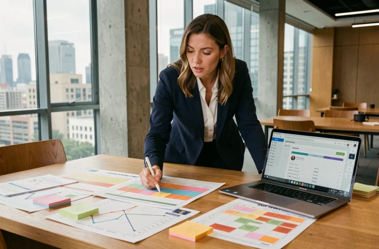 Professionnelle en blazer marine analysant un calendrier de planification média sur un bureau moderne avec tableau de bord digital