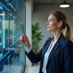 Femme professionnelle interagissant avec un tableau de bord numérique dans un bureau moderne pour la transformation digitale