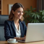 Femme professionnelle consultant un portail de recrutement en ligne sur son ordinateur portable dans un bureau à domicile moderne