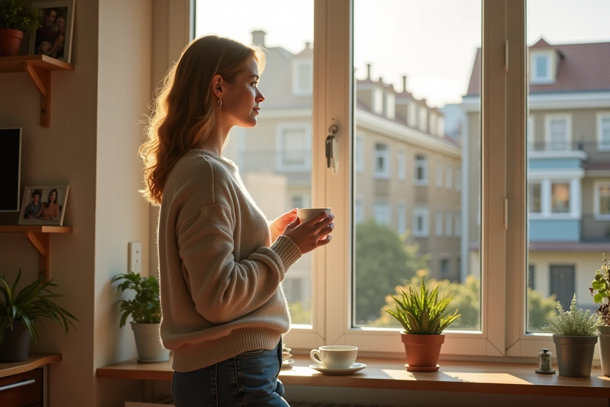 Jeune femme regardant par la fenêtre en tenant une tasse
