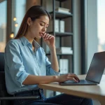 Jeune femme au bureau moderne consulte son ordinateur portable