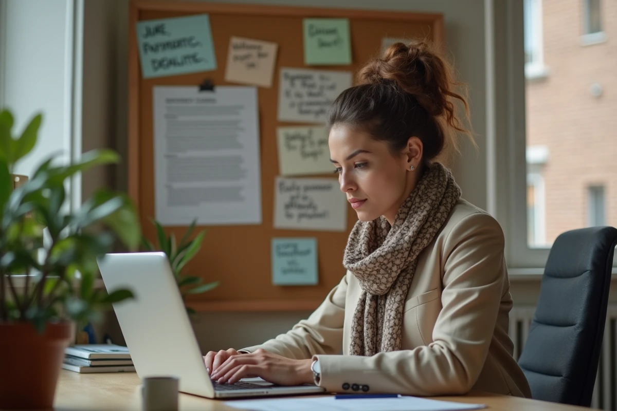 Jeune femme en blazer regardant son ordinateur portable