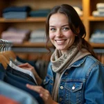 Femme souriante dans une boutique de seconde main