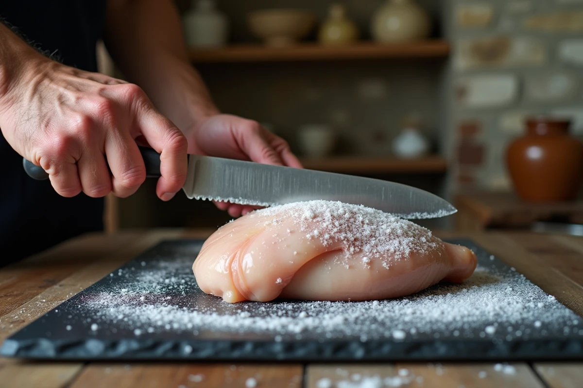 Gros plan de mains découpant un blanc de poulet congelé avec un couteau dentelé sur une planche en ardoise