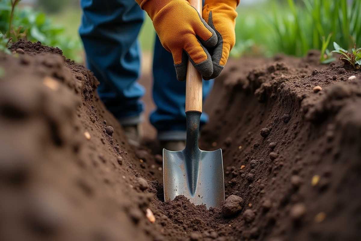 Gros plan sur une pelle ronde plantée dans un sol meuble, détail des couches de terre et des mains tenant le manche en bois lors d'un creusage