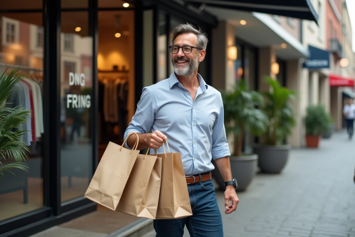 Homme sortant du magasin avec sacs de vêtements recyclés