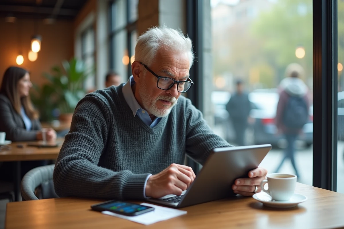 Homme âgé utilisant une tablette dans un café moderne