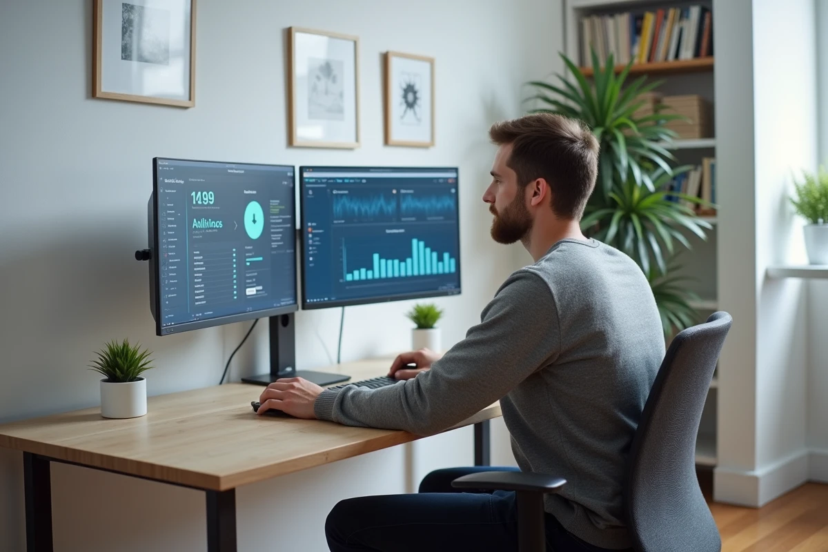 Homme travaillant sur deux écrans avec des logiciels cloud et des outils numériques dans un bureau à domicile moderne