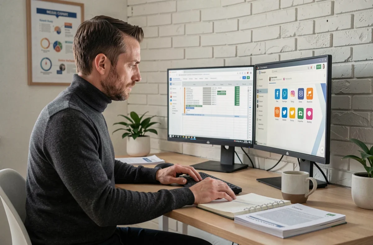 Homme concentré travaillant sur deux écrans avec outils de planification média et calendrier de campagne digitale dans un bureau à domicile