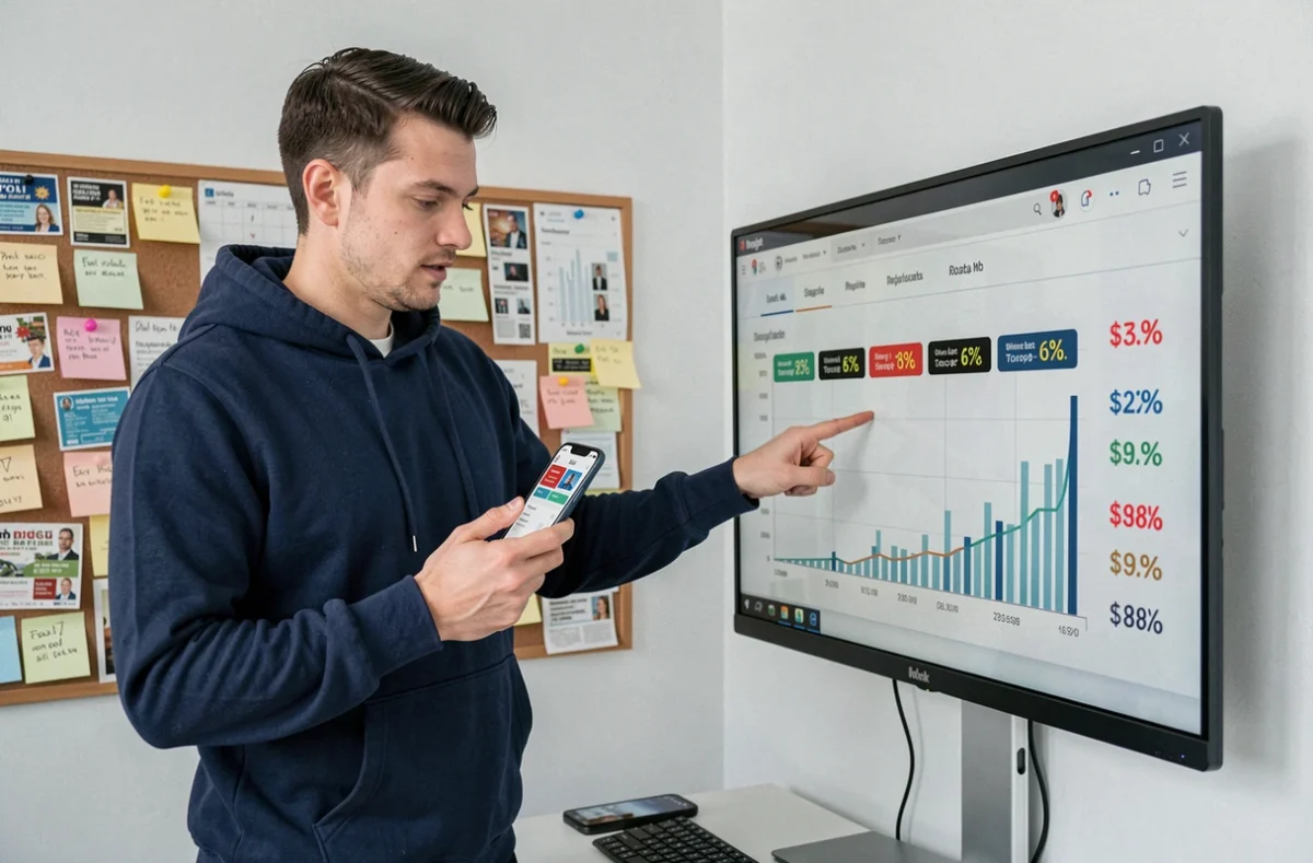 Homme comparant des offres et promotions en ligne sur smartphone et ordinateur dans un bureau minimaliste