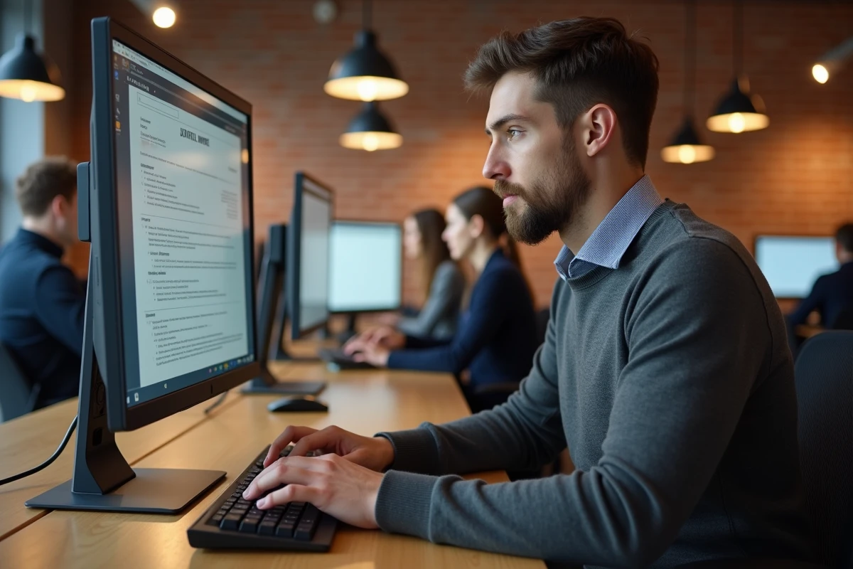 Jeune homme optimisant son CV sur un grand écran dans un espace de coworking pour améliorer sa recherche d'emploi