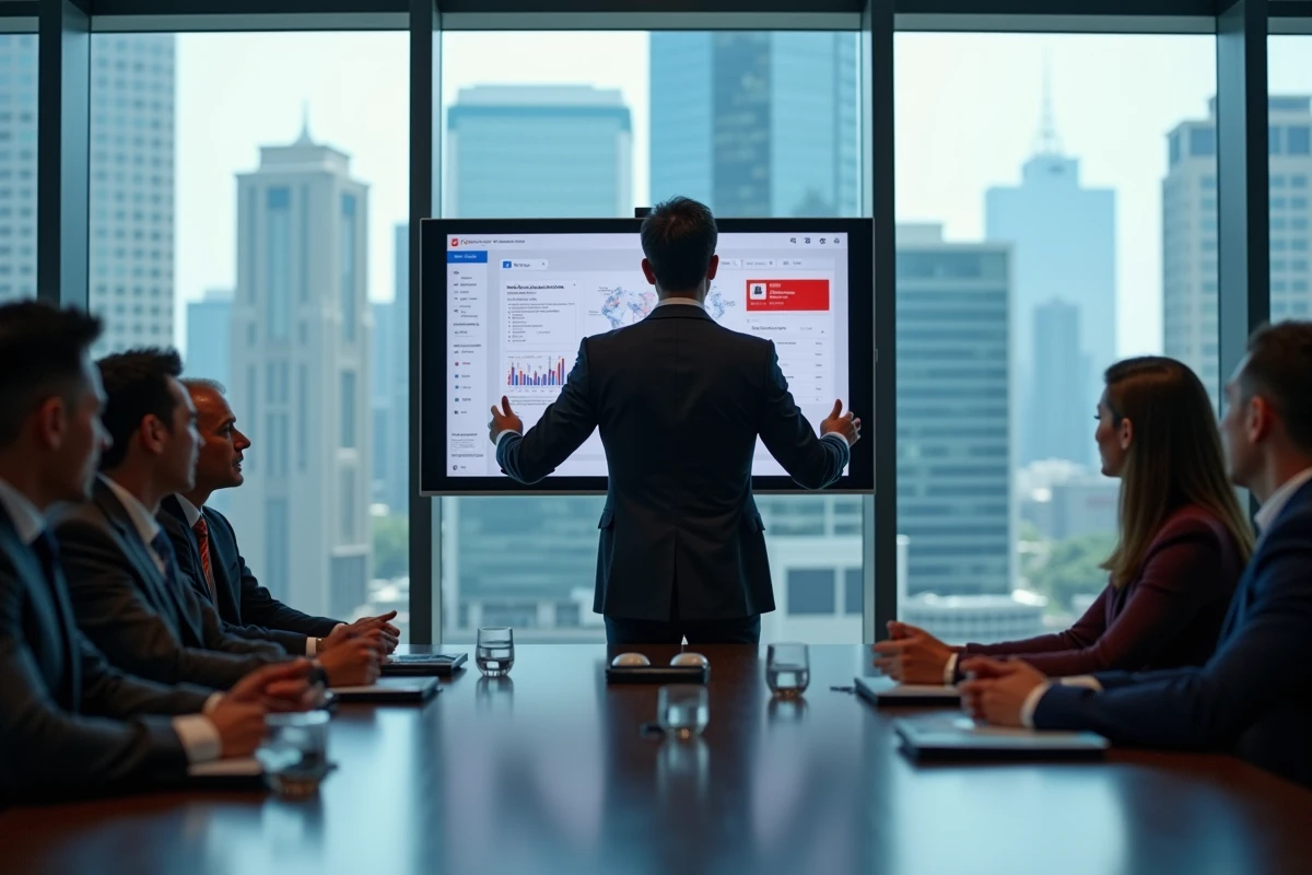Homme en blazer présente des tendances sur grand écran en réunion