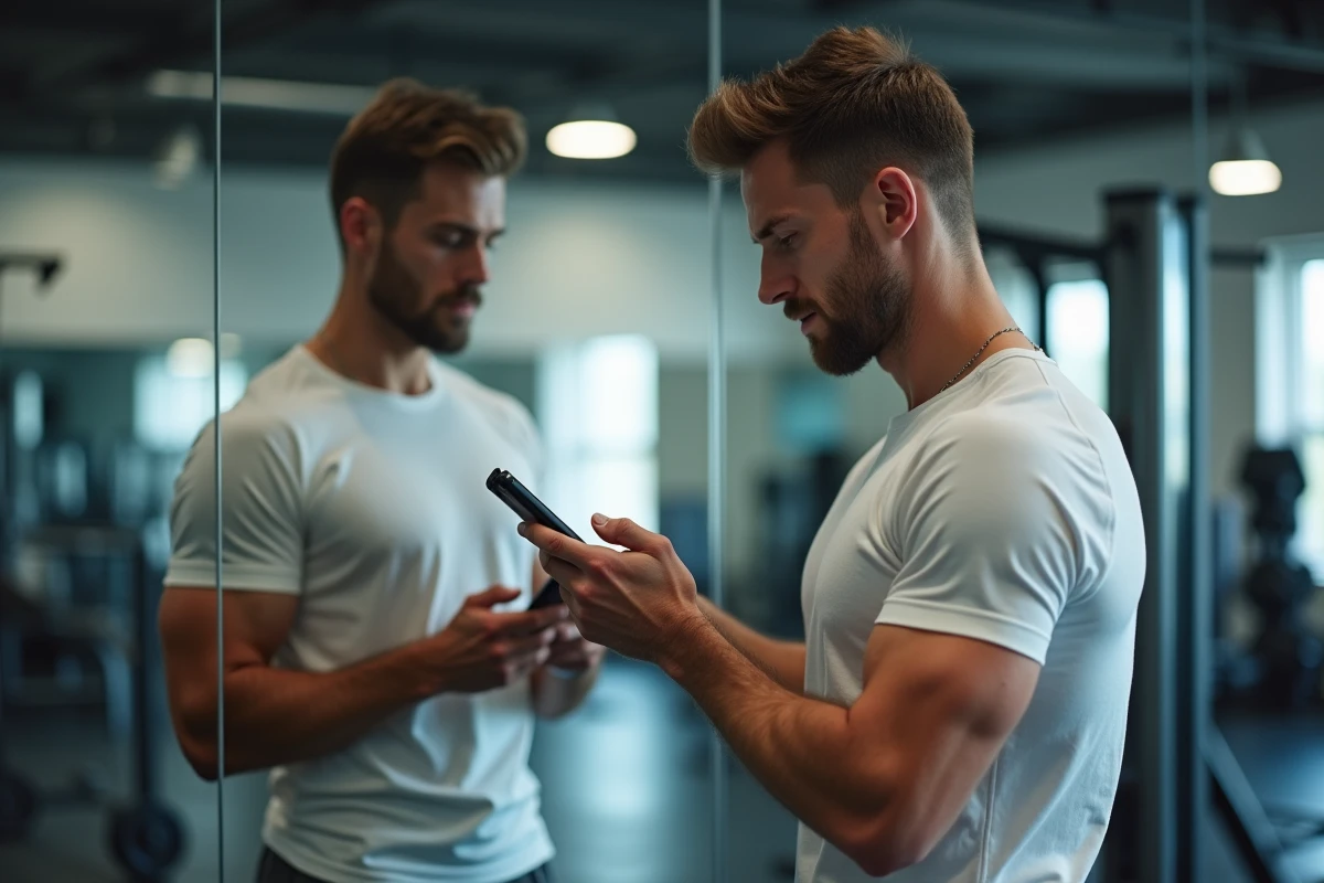 Homme en salle de sport consultant une application de suivi nutritionnel sur smartphone pour atteindre son IMC idéal et améliorer sa composition corporelle