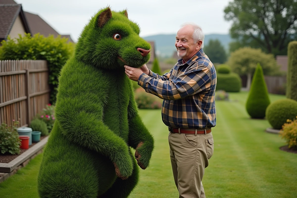 Homme âgé sculptant un yew en animal dans son jardin