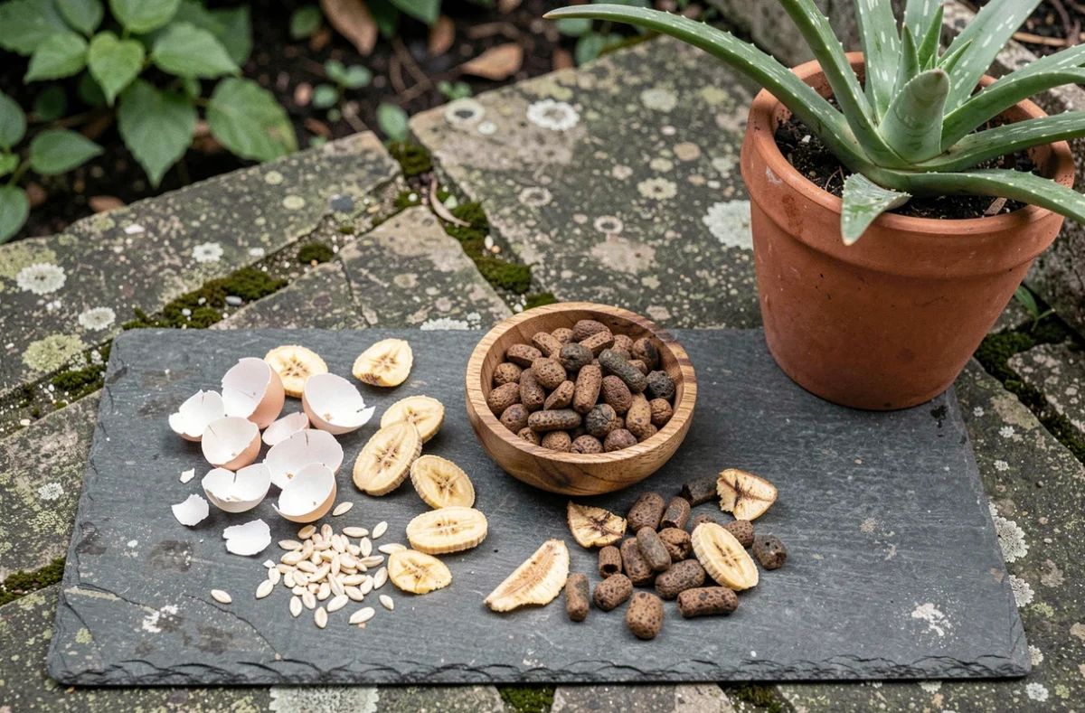 Ingrédients d'engrais naturels comme coquilles d'œufs et marc de café disposés près d'un aloe vera en pot