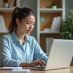 Jeune femme concentrée sur son ordinateur dans un bureau lumineux
