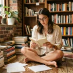 Jeune femme lisant un roman dans une librairie indépendante entourée de livres contemporains