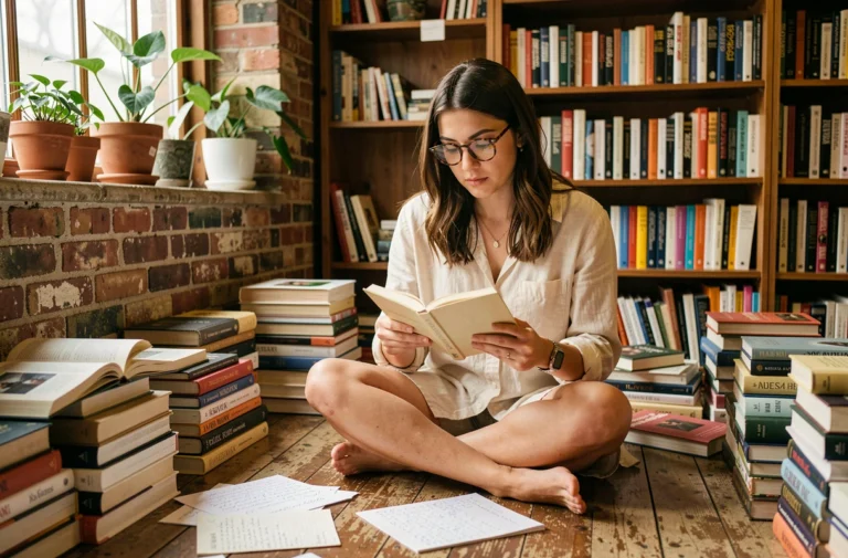 Jeune femme lisant un roman dans une librairie indépendante entourée de livres contemporains