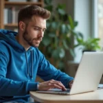 Jeune homme en hoodie bleu travaillant sur son ordinateur portable
