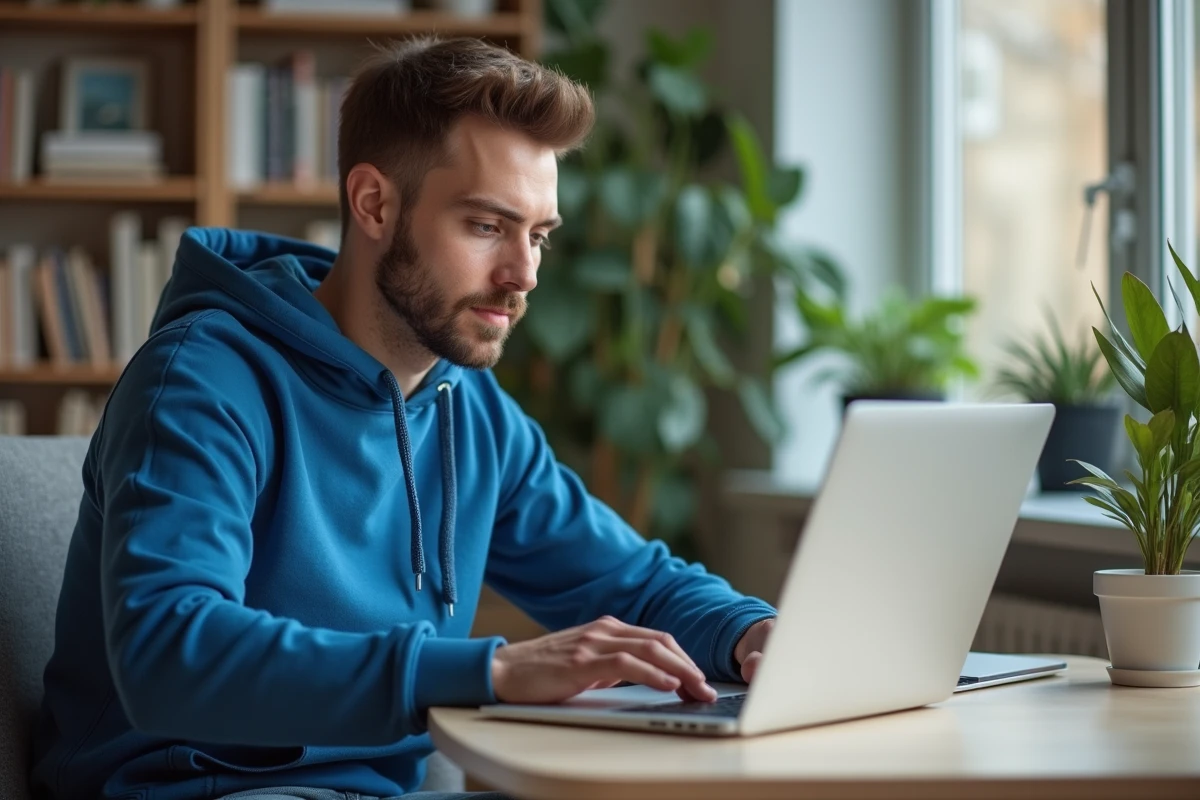 Jeune homme en hoodie bleu travaillant sur son ordinateur portable
