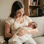 Jeune maman tenant tendrement son nouveau-né dans les bras, assise sur un canapé en lin dans un appartement chaleureux et intimiste