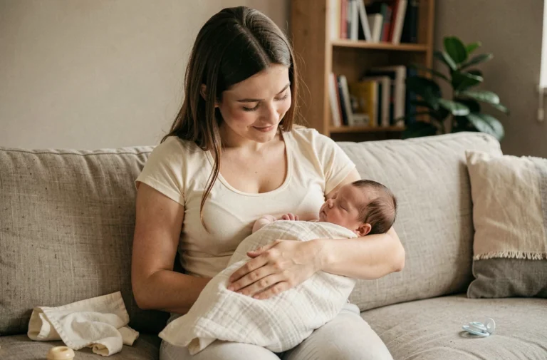 Jeune maman tenant tendrement son nouveau-né dans les bras, assise sur un canapé en lin dans un appartement chaleureux et intimiste