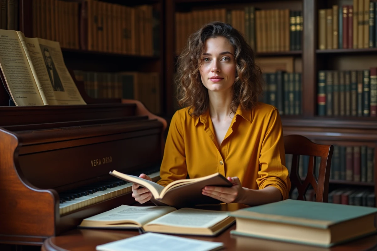 Jeune musicologue avec piano dans un bureau lumineux