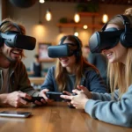 Jeunes adultes testant des gadgets technologiques dans un café