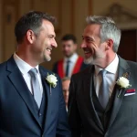 Deux hommes en costume élégant lors d'une cérémonie de mariage civil en mairie, souriant chaleureusement l'un à l'autre