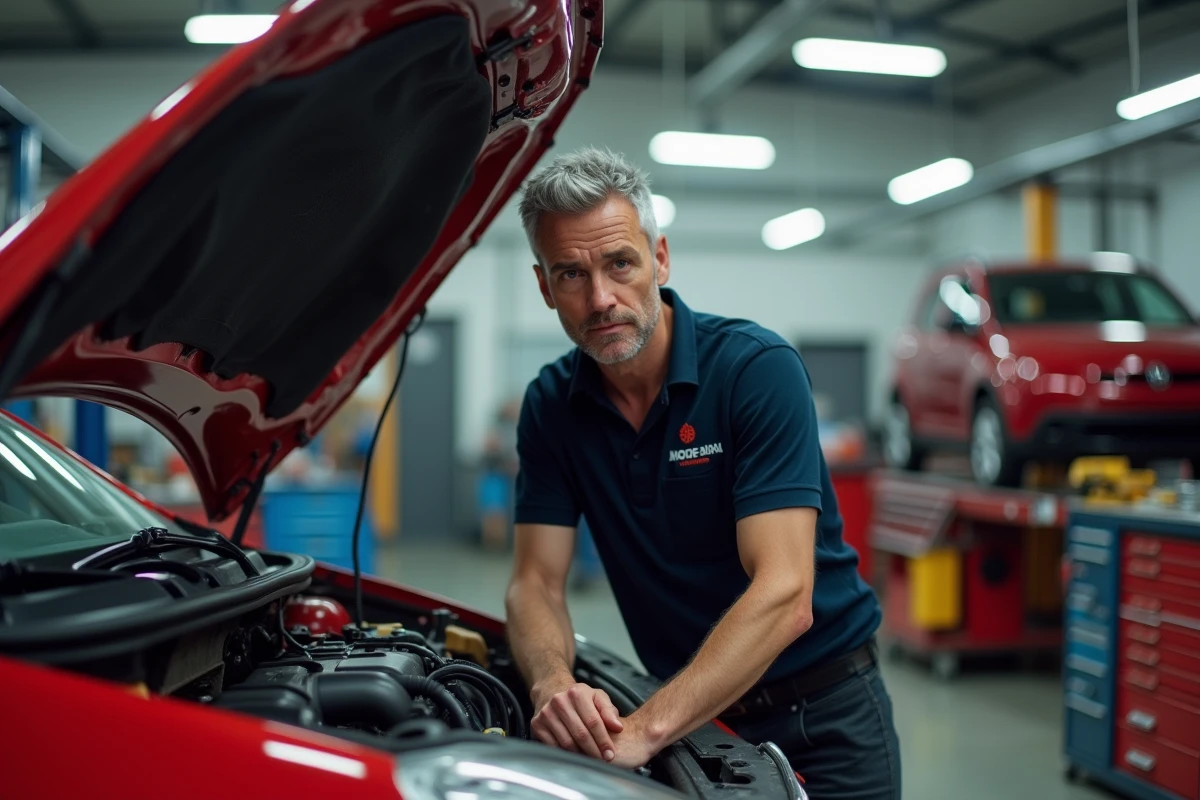 Mécanicien professionnel inspectant le moteur d'une citadine rouge dans un atelier automobile moderne