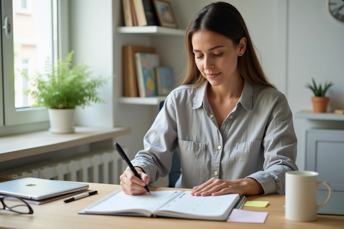 Femme organisant son planning dans un bureau à domicile pour améliorer son quotidien et son bien-être