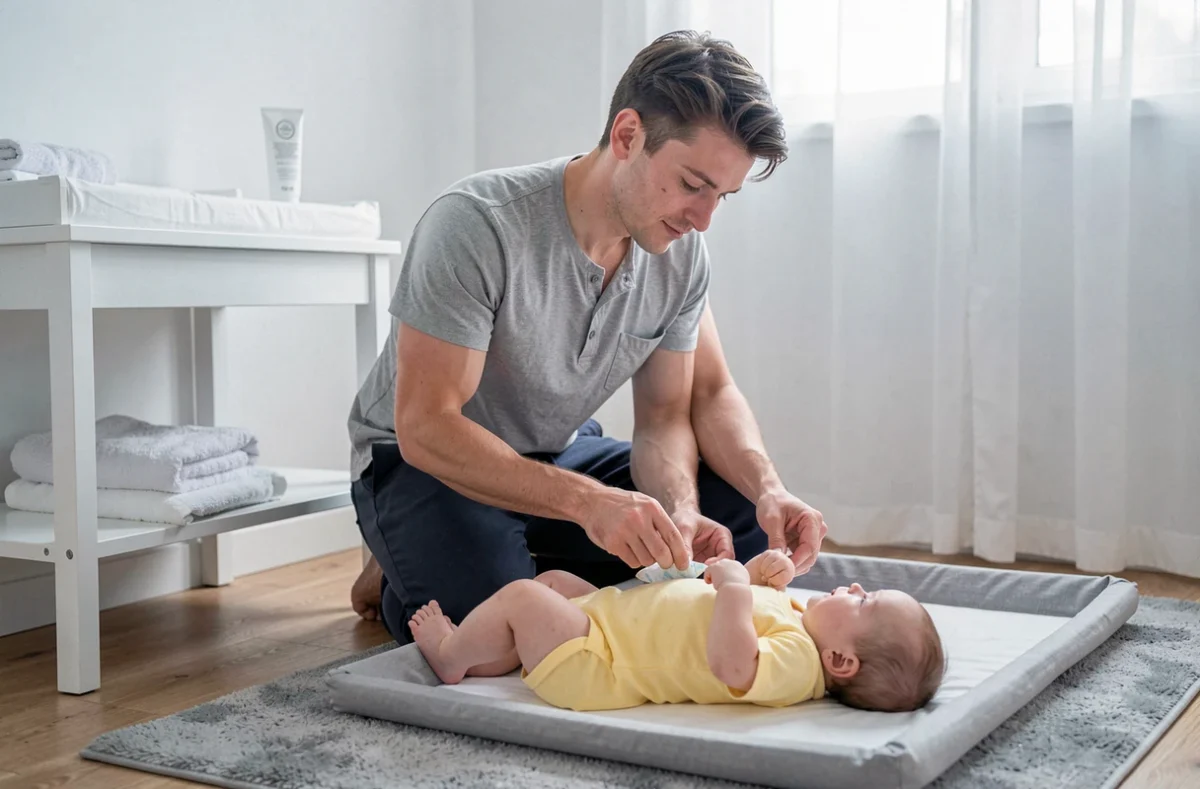 Jeune père changeant la couche de son bébé de trois mois sur un tapis à langer dans une chambre de bébé minimaliste et apaisante
