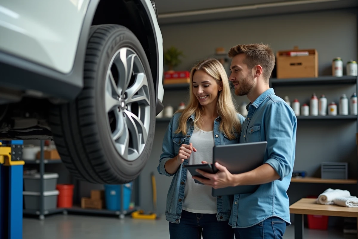 Deux amis personnalisant les jantes de leur voiture surélevée dans un garage avec une application de configuration
