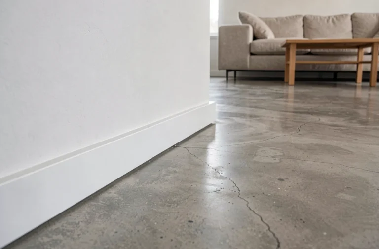 Plinthe blanche laquée sur sol en béton ciré dans un salon moderne minimaliste