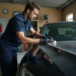 Homme en train de polir le capot d'une voiture noire dans un garage résidentiel bien organisé