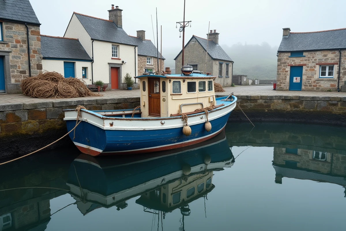 Bateau de pêche traditionnel amarré au port de Loguivy-de-la-Mer près de Ploubazlanec avec reflets dans l'eau calme