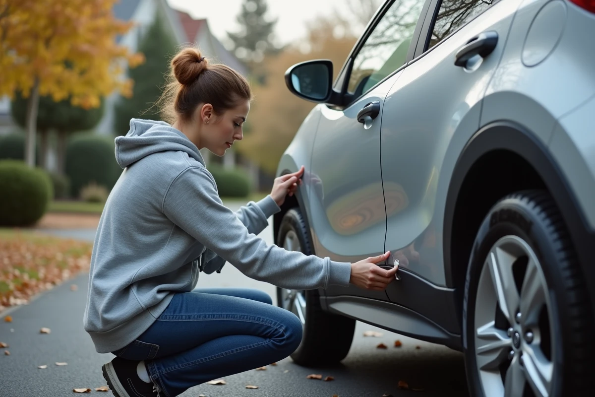 Femme appliquant un covering vinyle sur la portière d'un SUV argenté dans une allée résidentielle
