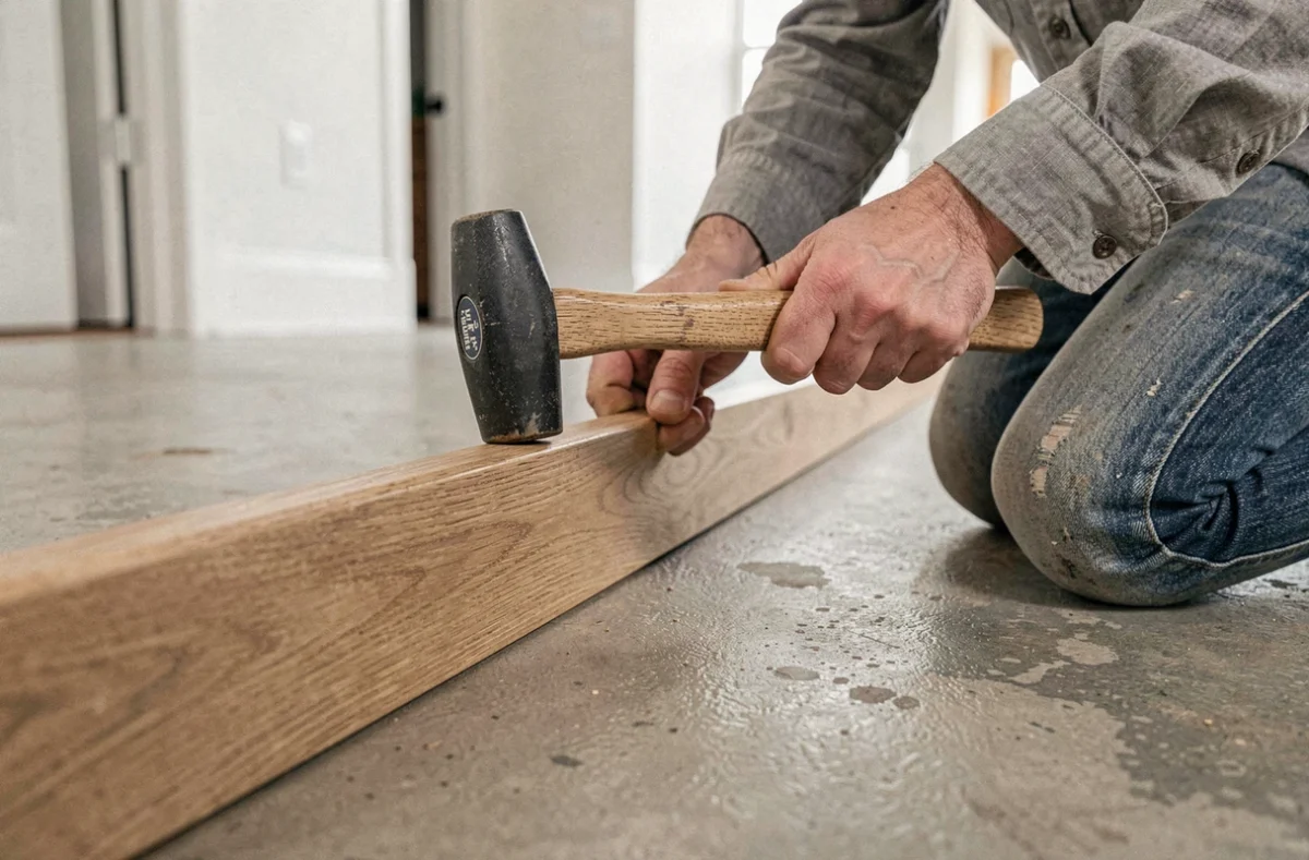 Pose d'une plinthe en chêne naturel sur béton ciré par un artisan en gros plan