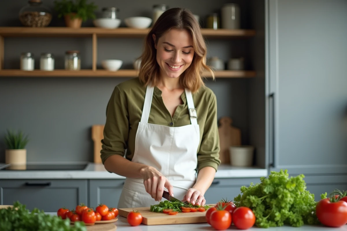 Femme préparant un repas sain et coloré dans une cuisine moderne pour un mode de vie équilibré et bien-être