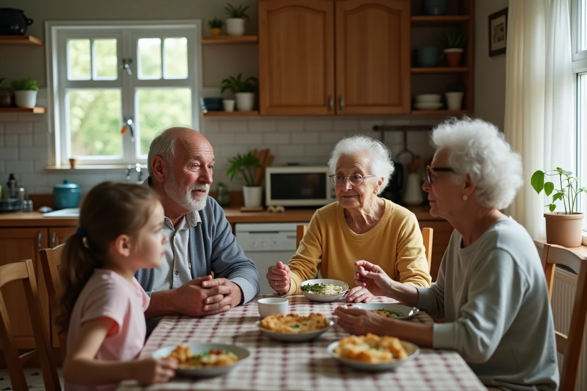 Trois générations partageant un repas dans la cuisine