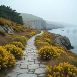 Sentier côtier de Ploubazlanec longeant les falaises bretonnes avec vue sur l'estuaire du Trieux et des voiliers au mouillage