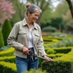Femme taillant une haie dans un jardin soigné