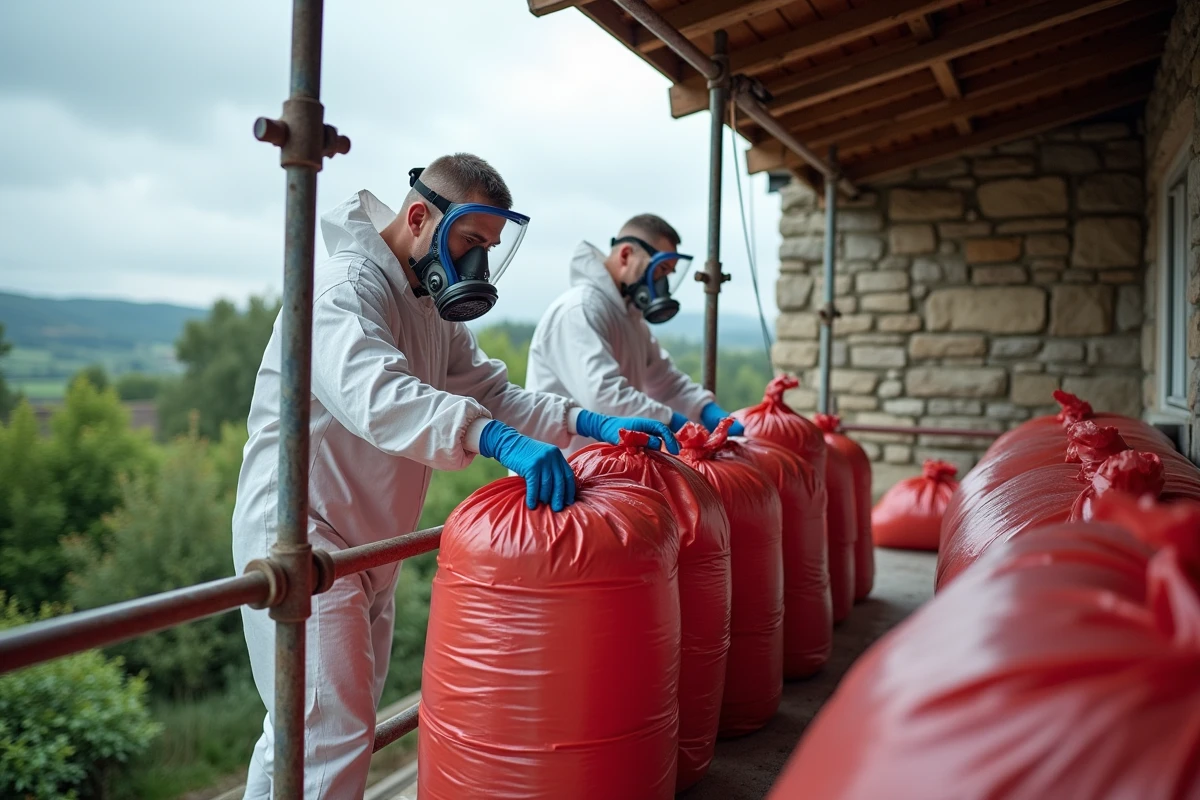 Deux techniciens certifiés conditionnant des plaques amiantées dans des sacs de déchets dangereux sur un échafaudage de toiture
